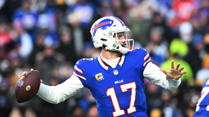 Jan 15, 2024; Orchard Park, New York, USA; Buffalo Bills quarterback Josh Allen (17) throws the ball in the first half against the Pittsburgh Steelers in a 2024 AFC wild card game at Highmark Stadium. Mandatory Credit: Mark Konezny-USA TODAY Sports, nfl