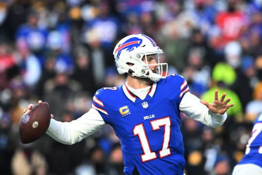 Jan 15, 2024; Orchard Park, New York, USA; Buffalo Bills quarterback Josh Allen (17) throws the ball in the first half against the Pittsburgh Steelers in a 2024 AFC wild card game at Highmark Stadium. Mandatory Credit: Mark Konezny-USA TODAY Sports, nfl