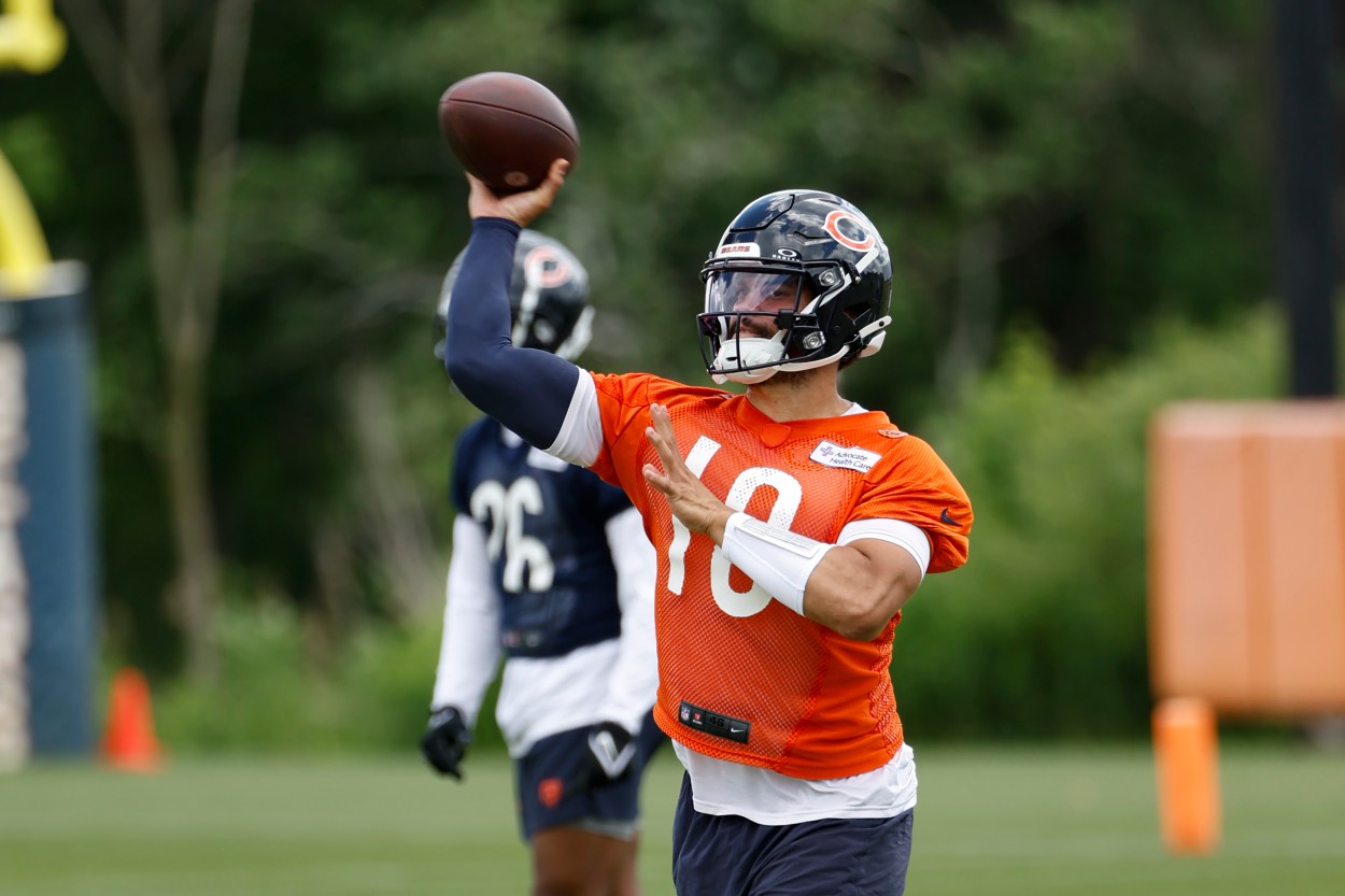 Jun 5, 2024; Lake Forest, IL, USA; Chicago Bears quarterback Caleb Williams (18) passes the ball during the team's minicamp at Halas Hall. Mandatory Credit: Kamil Krzaczynski-USA TODAY Sports, nfl