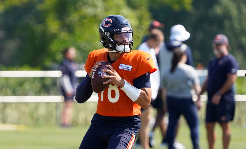 Jul 27, 2024; Lake Forest, IL, USA; Chicago Bears quarterback Caleb Williams (18) throws  a pass during Chicago Bears Training Camp at Halas Hall. Mandatory Credit: David Banks-USA TODAY Sports