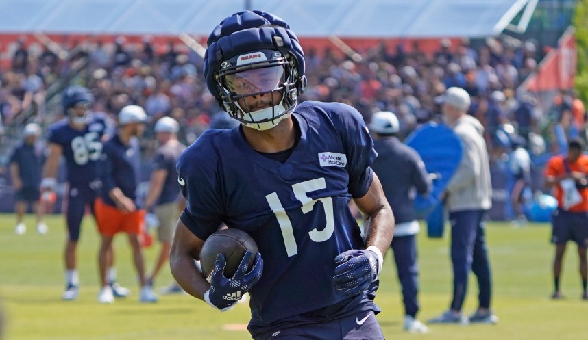 Jul 27, 2024; Lake Forest, IL, USA; Chicago Bears wide receiver Rome Odunze (15) runs a drill during Chicago Bears Training Camp at Halas Hall. Mandatory Credit: David Banks-USA TODAY Sports