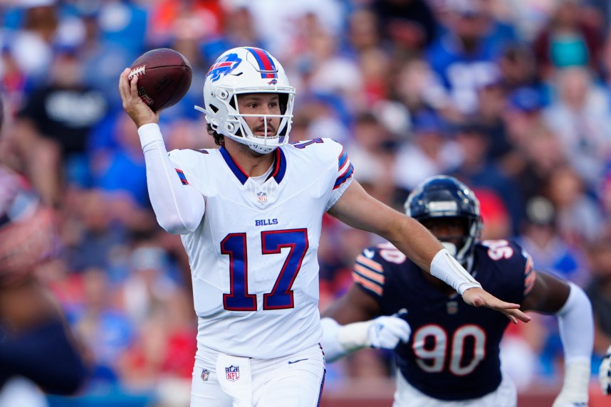 Aug 10, 2024; Orchard Park, New York, USA; Buffalo Bills quarterback Josh Allen (17) looks to throw the ball against the Chicago Bears during the first half at Highmark Stadium. Mandatory Credit: Gregory Fisher-USA TODAY Sports