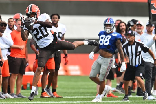 Aug 19, 2021; Berea, OH, USA; Cleveland Browns cornerback Greg Newsome II (20) intercepts a pass during a joint practice with the New York Giants at CrossCountry Mortgage Campus. Mandatory Credit: Ken Blaze-USA TODAY Sports