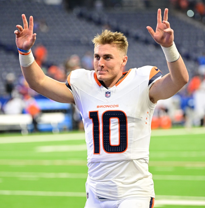 Aug 11, 2024; Indianapolis, Indiana, USA; Denver Broncos quarterback Bo Nix (10) waves to fans after the game against the Indianapolis Colts  at Lucas Oil Stadium. Mandatory Credit: Marc Lebryk-USA TODAY Sports