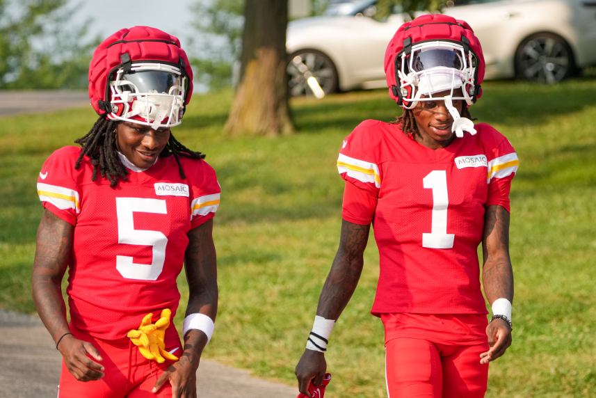 Jul 26, 2024; Kansas City, MO, USA; Kansas City Chiefs wide receiver Marquise “Hollywood”  Brown (5) and wide receiver Xavier Worthy (1) walk down the hill from the locker room to the fields during training camp at Missouri Western State University. Mandatory Credit: Denny Medley-USA TODAY Sports