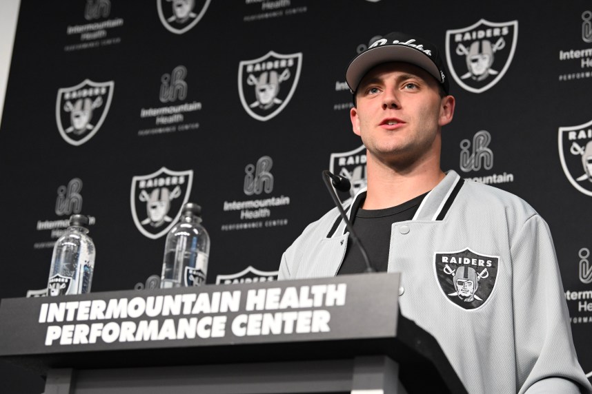 Apr 26, 2024; Henderson, NV, USA; Las Vegas Raiders tight end Brock Bowers speaks to the media at Intermountain Health Performance Center in Henderson, NV.  Mandatory Credit: Candice Ward-USA TODAY Sports