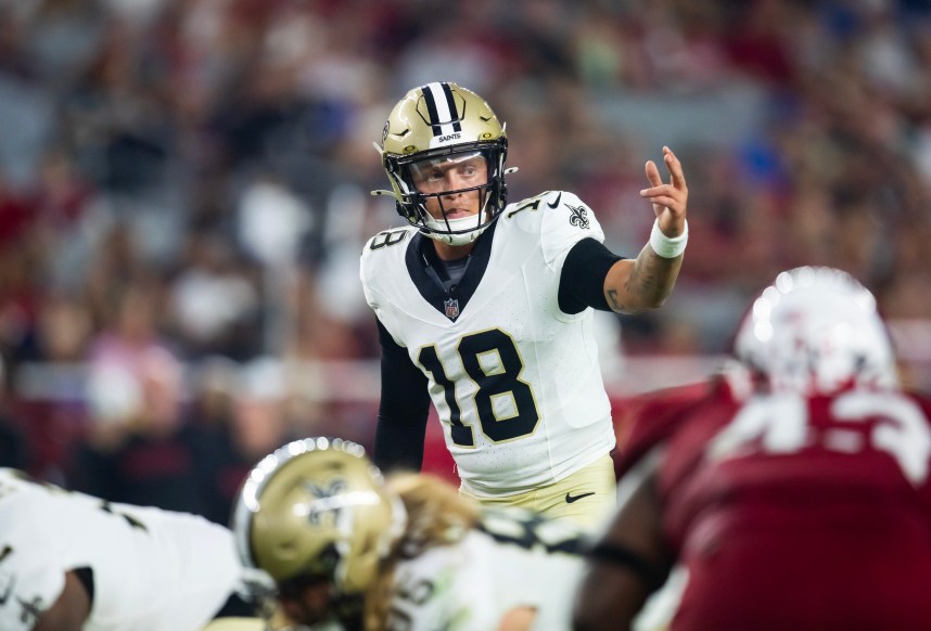 Aug 10, 2024; Glendale, Arizona, USA; New Orleans Saints quarterback Spencer Rattler (18) against the Arizona Cardinals during a preseason NFL game at State Farm Stadium. Mandatory Credit: Mark J. Rebilas-USA TODAY Sports