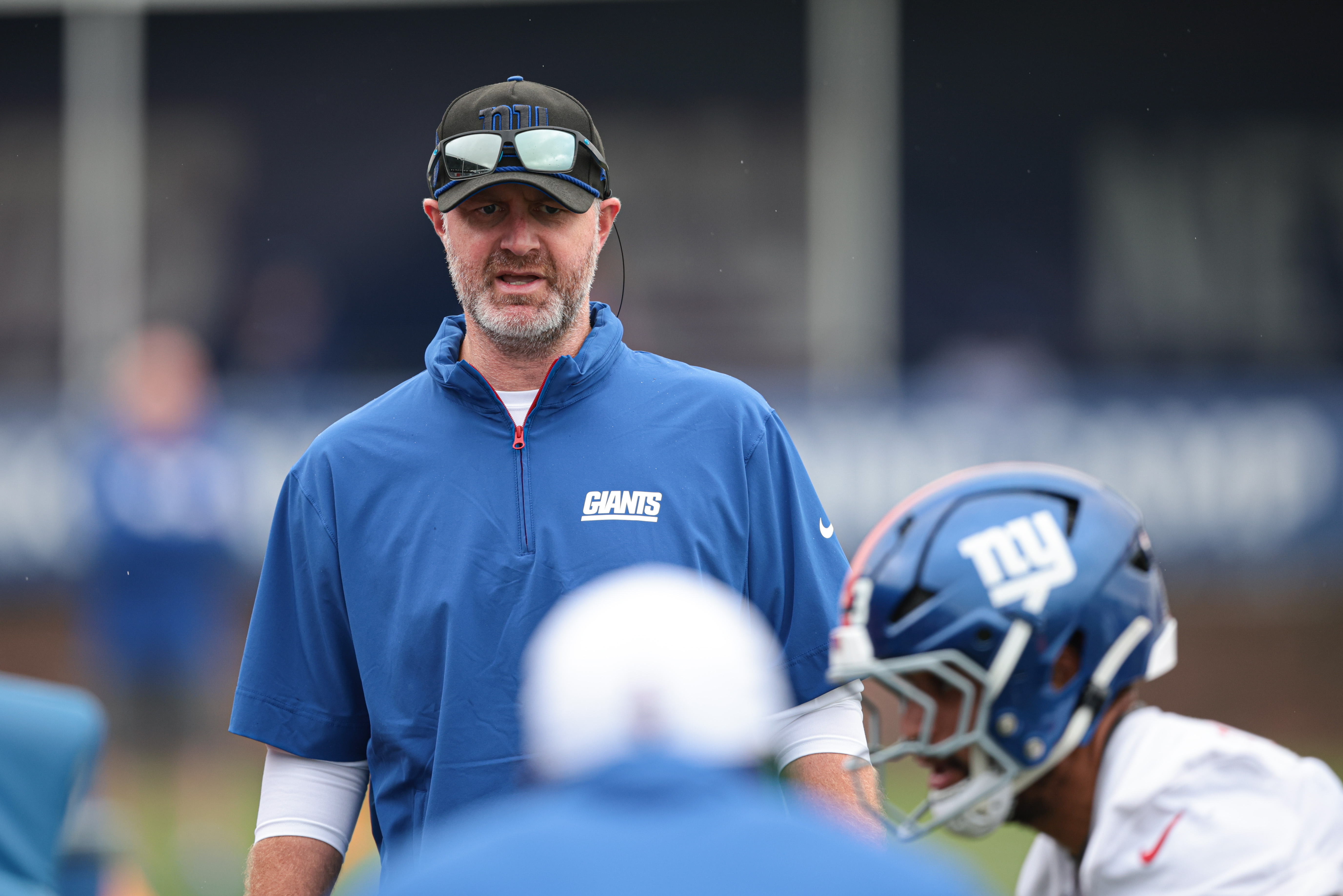 Jul 24, 2024; East Rutherford, NJ, USA; New York Giants defensive coordinator Shane Bowen looks on during training camp at Quest Diagnostics Training Facility. Mandatory Credit: Vincent Carchietta-USA TODAY Sports