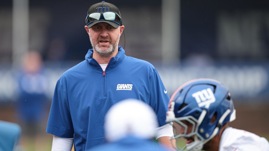 Jul 24, 2024; East Rutherford, NJ, USA; New York Giants defensive coordinator Shane Bowen looks on during training camp at Quest Diagnostics Training Facility. Mandatory Credit: Vincent Carchietta-USA TODAY Sports