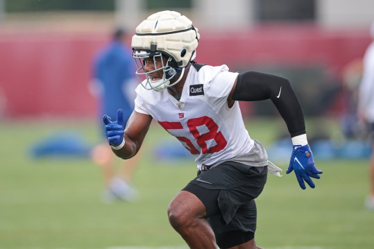 Jul 24, 2024; East Rutherford, NJ, USA; New York Giants linebacker Bobby Okereke (58) participates in drills during training camp at Quest Diagnostics Training Facility. Mandatory Credit: Vincent Carchietta-USA TODAY Sports