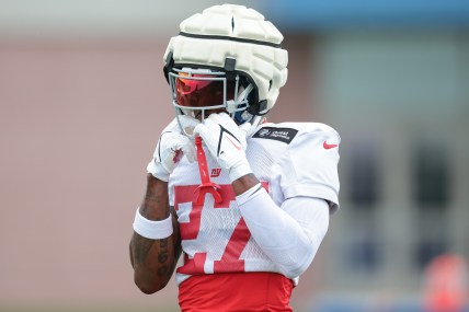 Jul 24, 2024; East Rutherford, NJ, USA; New York Giants safety Jason Pinnock (27) during training camp at Quest Diagnostics Training Facility. Mandatory Credit: Vincent Carchietta-USA TODAY Sports