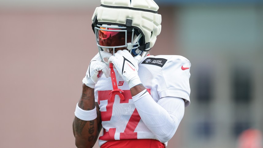 Jul 24, 2024; East Rutherford, NJ, USA; New York Giants safety Jason Pinnock (27) during training camp at Quest Diagnostics Training Facility. Mandatory Credit: Vincent Carchietta-USA TODAY Sports