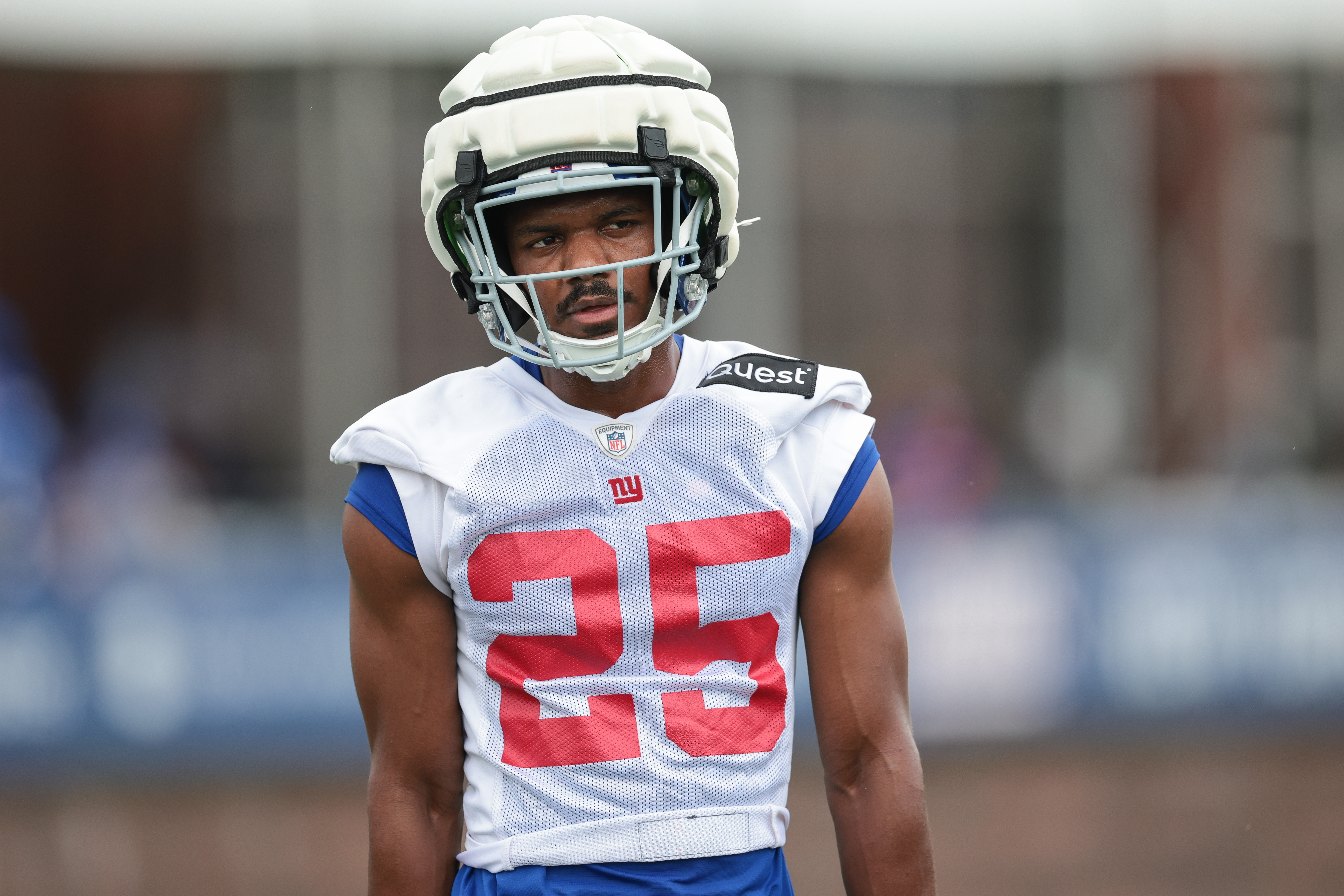 Jul 24, 2024; East Rutherford, NJ, USA; New York Giants cornerback Alex Johnson (25) participates in drills during training camp at Quest Diagnostics Training Facility. Mandatory Credit: Vincent Carchietta-USA TODAY Sports