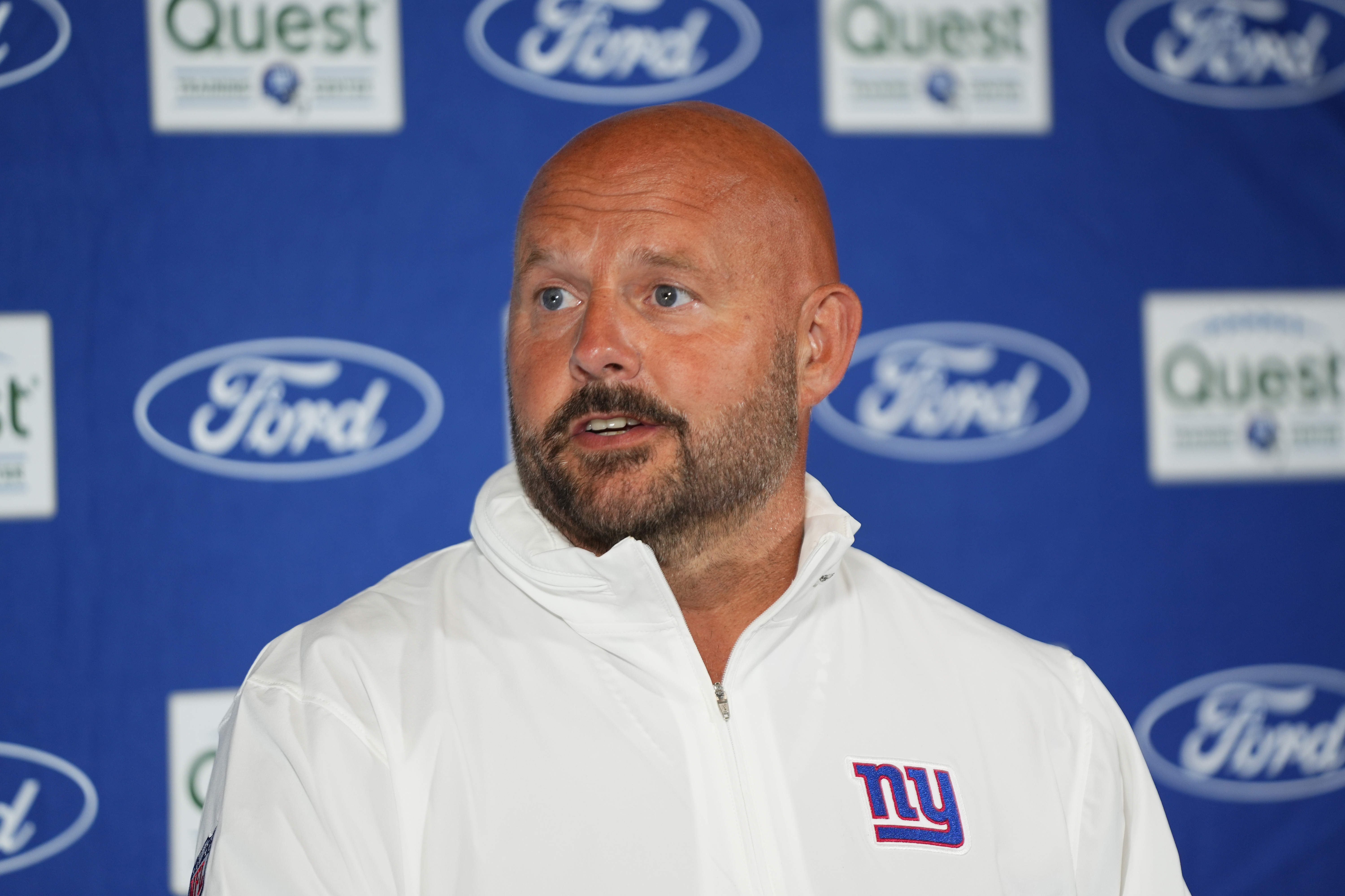 Jul 25, 2024; East Rutherford, NY, USA; New York Giants head coach Brian Daboll speaks at a press conference before training camp at Quest Diagnostics Training Center. Mandatory Credit: Lucas Boland-USA TODAY Sports