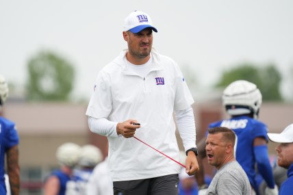 Jul 25, 2024; East Rutherford, NY, USA; New York Giants offensive coordinator Mike Kafka looks on during training camp at Quest Diagnostics Training Center. Mandatory Credit: Lucas Boland-USA TODAY Sports