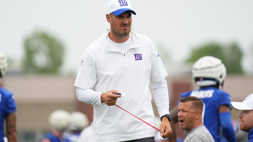 Jul 25, 2024; East Rutherford, NY, USA; New York Giants offensive coordinator Mike Kafka looks on during training camp at Quest Diagnostics Training Center. Mandatory Credit: Lucas Boland-USA TODAY Sports