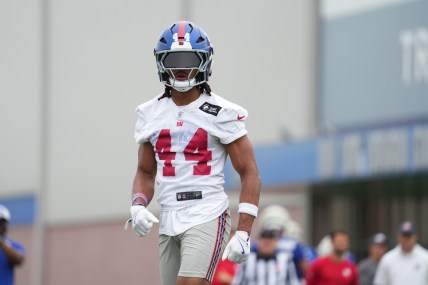 Jul 25, 2024; East Rutherford, NY, USA; New York Giants cornerback Nick McCloud (44) participates in a drill during training camp at Quest Diagnostics Training Center. Mandatory Credit: Lucas Boland-USA TODAY Sports