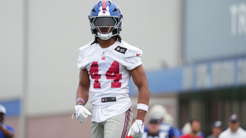 Jul 25, 2024; East Rutherford, NY, USA; New York Giants cornerback Nick McCloud (44) participates in a drill during training camp at Quest Diagnostics Training Center. Mandatory Credit: Lucas Boland-USA TODAY Sports