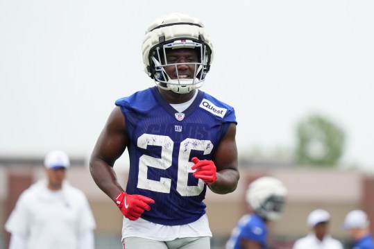 Jul 25, 2024; East Rutherford, NY, USA; New York Giants running back Devin Singletary (26) participates in a drill during training camp at Quest Diagnostics Training Center. Mandatory Credit: Lucas Boland-USA TODAY Sports