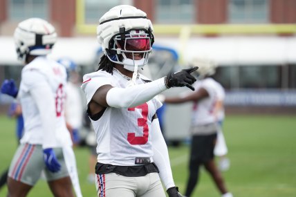 Jul 25, 2024; East Rutherford, NY, USA; New York Giants cornerback Deonte Banks (3) reacts during training camp at Quest Diagnostics Training Center. Mandatory Credit: Lucas Boland-USA TODAY Sports