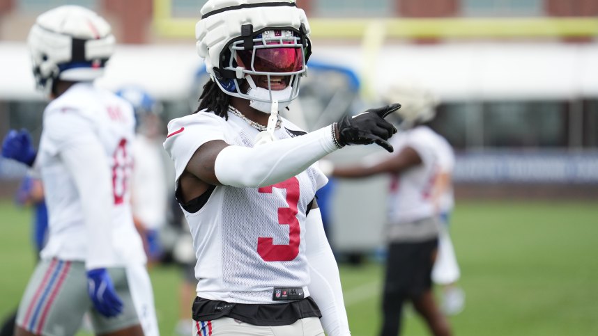 Jul 25, 2024; East Rutherford, NY, USA; New York Giants cornerback Deonte Banks (3) reacts during training camp at Quest Diagnostics Training Center. Mandatory Credit: Lucas Boland-USA TODAY Sports