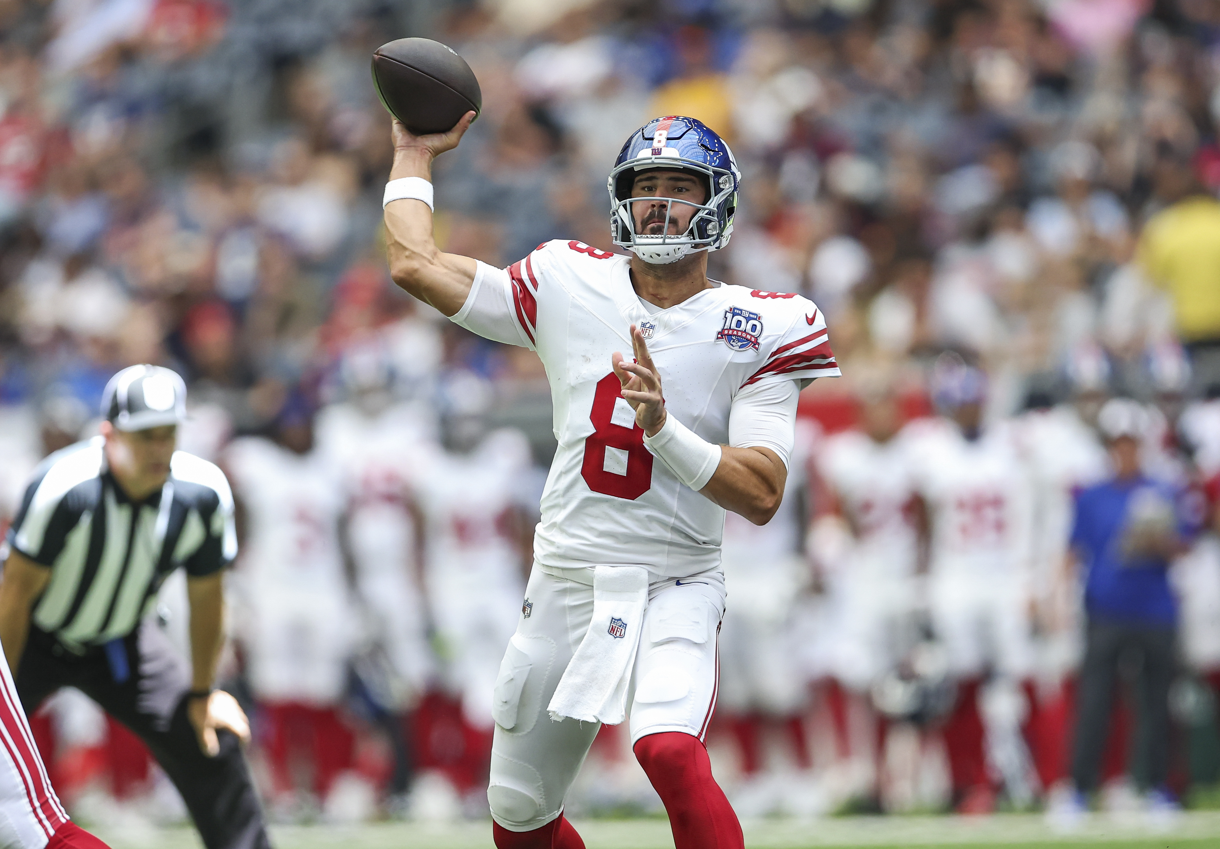 Aug 17, 2024; Houston, Texas, USA; New York Giants quarterback Daniel Jones (8) attempts a pass during the second quarter against the Houston Texans at NRG Stadium. Mandatory Credit: Troy Taormina-USA TODAY Sports