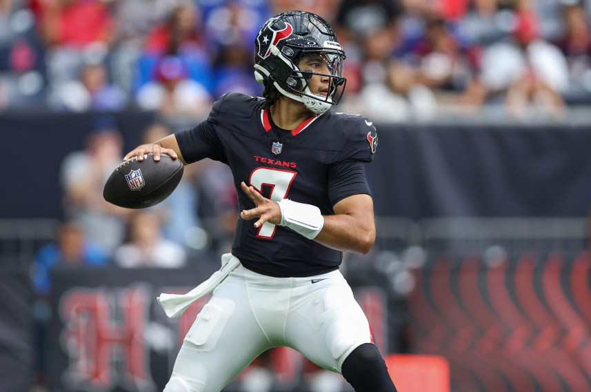 Aug 17, 2024; Houston, Texas, USA; Houston Texans quarterback C.J. Stroud (7) in action during the game against the New York Giants at NRG Stadium. Mandatory Credit: Troy Taormina-USA TODAY Sports