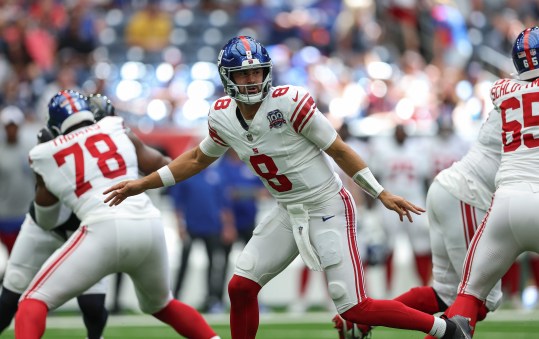 August 17, 2024; Houston, Texas, USA; New York Giants quarterback Daniel Jones (8) in action during the game against the Houston Texans at NRG Stadium. Mandatory Photo Credit: Troy Taormina-USA TODAY Sports