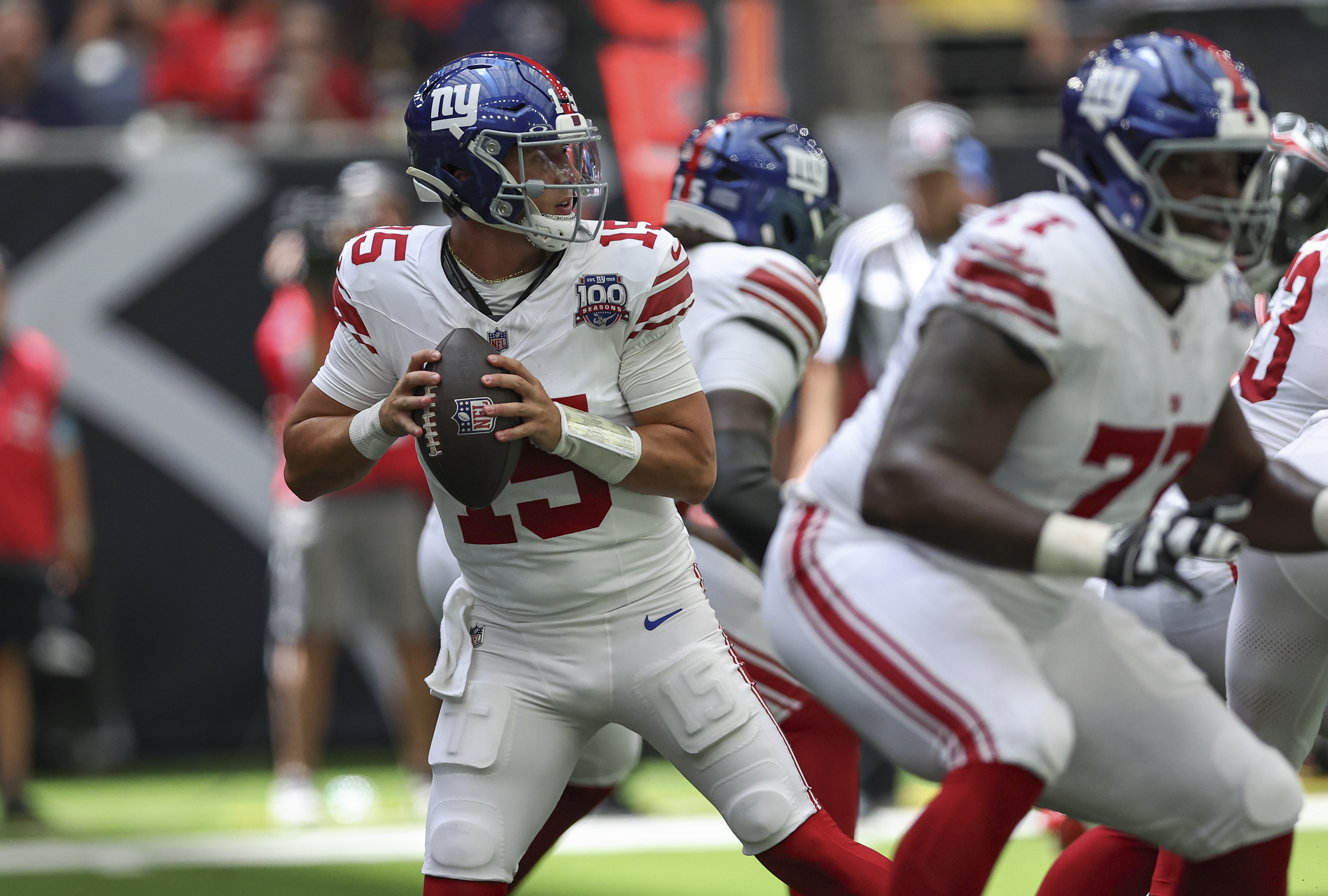 Aug 17, 2024; Houston, Texas, USA; New York Giants quarterback Tommy DeVito (15) in action during the game against the Houston Texans at NRG Stadium. Mandatory Credit: Troy Taormina-USA TODAY Sports