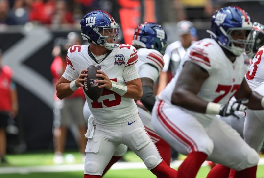 Aug 17, 2024; Houston, Texas, USA; New York Giants quarterback Tommy DeVito (15) in action during the game against the Houston Texans at NRG Stadium. Mandatory Credit: Troy Taormina-USA TODAY Sports