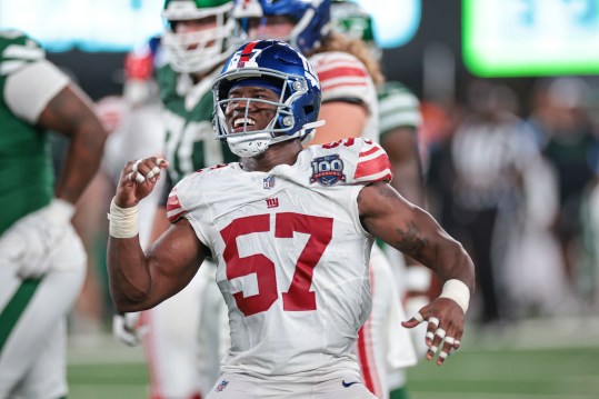 Aug 24, 2024; East Rutherford, New Jersey, USA; New York Giants linebacker K.J. Cloyd celebrates after a defensive stop against the New York Jets during the second half at MetLife Stadium. Mandatory Credit: Vincent Carchietta-USA TODAY Sports