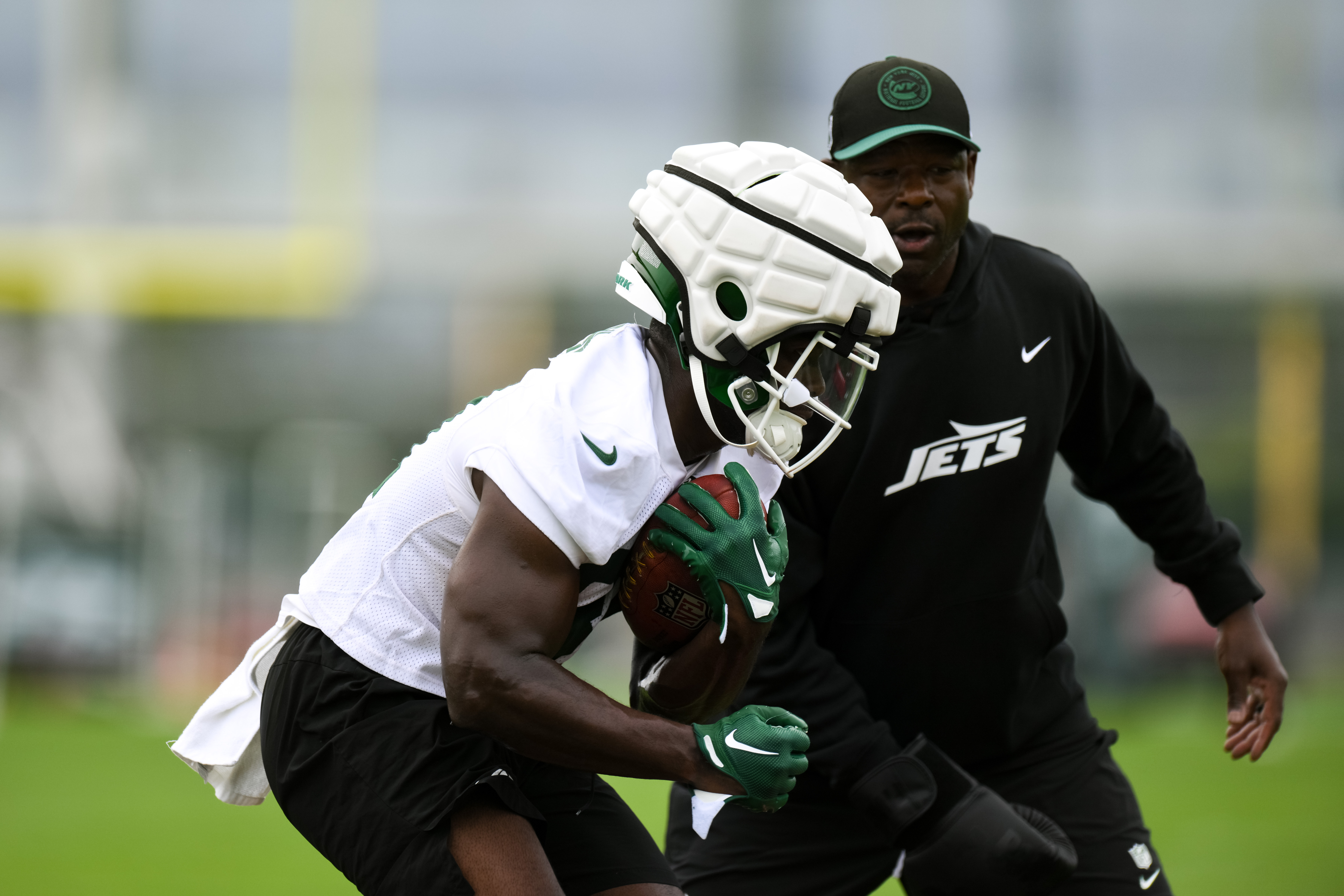 Jul 25, 2024; Florham Park, NJ, USA; New York Jets running back Tarik Cohen (31) participates in a drill during training camp at Atlantic Health Jets Training Center. Mandatory Credit: John Jones-USA TODAY Sports