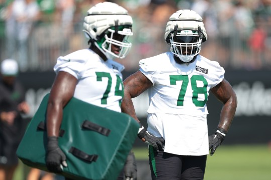 Jul 27, 2024; Florham Park, NJ, USA; New York Jets offensive tackle Morgan Moses (78) looks on during drills during training camp at Atlantic Health Jets Training Center. Mandatory Credit: Vincent Carchietta-USA TODAY Sports