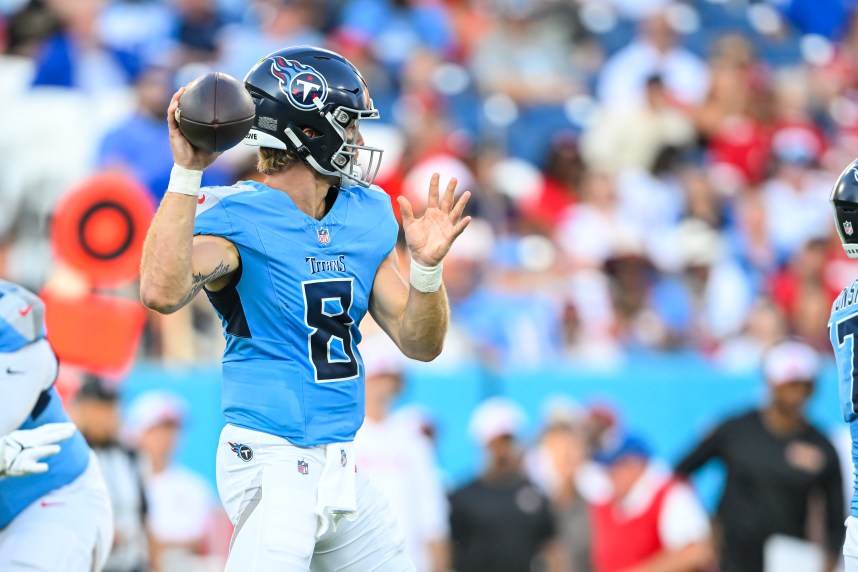 Aug 10, 2024; Nashville, Tennessee, USA;  Tennessee Titans Will Levis (8) stands in the pocket against the San Francisco 49ers during the first half at Nissan Stadium. Mandatory Credit: Steve Roberts-USA TODAY Sports