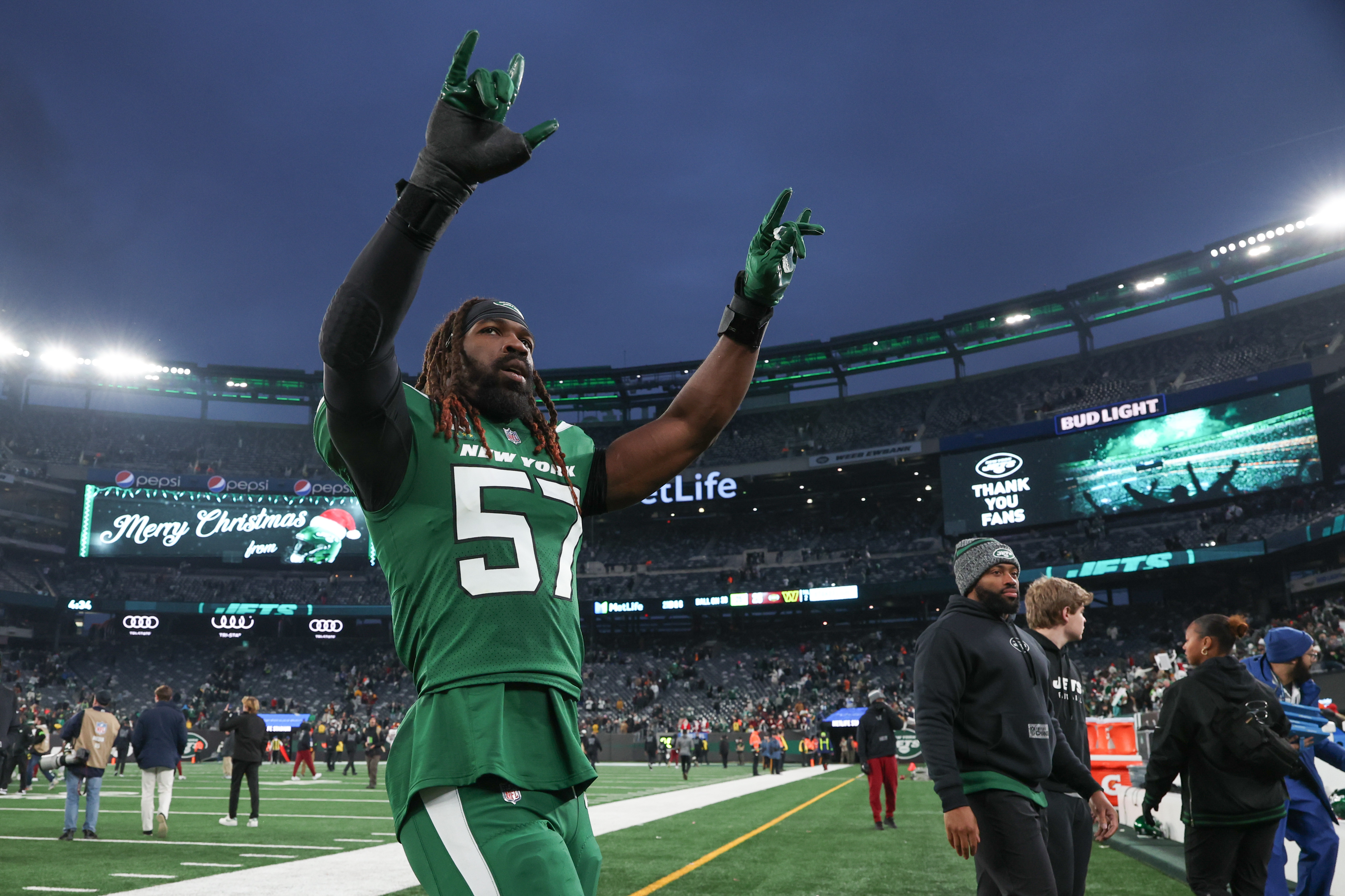 Dec 24, 2023; East Rutherford, New Jersey, USA; New York Jets linebacker C.J. Mosley (57) gestures to fans after the game against the Washington Commanders at MetLife Stadium. Mandatory Credit: Vincent Carchietta-USA TODAY Sports