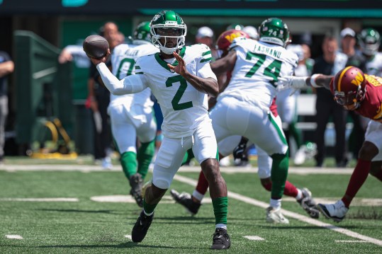 Aug 10, 2024; East Rutherford, New Jersey, USA; New York Jets quarterback Tyrod Taylor (2) throws the ball during the first quarter against the Washington Commanders at MetLife Stadium. Mandatory Credit: Vincent Carchietta-USA TODAY Sports