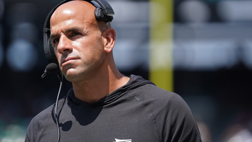 Aug 10, 2024; East Rutherford, New Jersey, USA; New York Jets heads coach Robert Saleh walks the sideline during the second quarter against the Washington Commanders at MetLife Stadium. Mandatory Credit: Lucas Boland-USA TODAY Sports