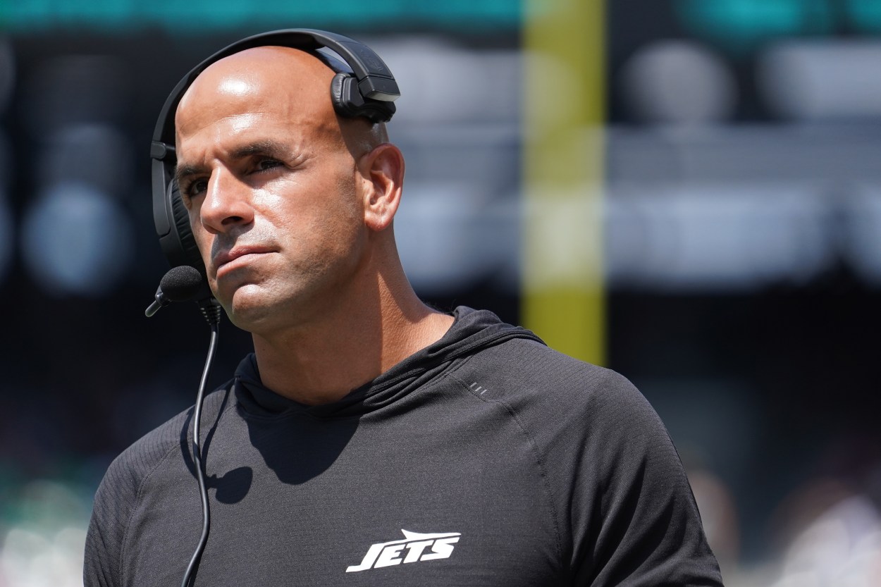 Aug 10, 2024; East Rutherford, New Jersey, USA; New York Jets heads coach Robert Saleh walks the sideline during the second quarter against the Washington Commanders at MetLife Stadium. Mandatory Credit: Lucas Boland-USA TODAY Sports