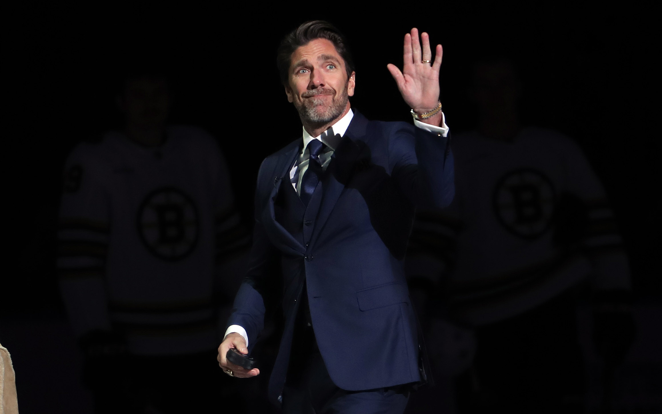 Nov 25, 2023; New York, New York, USA; Former New York Rangers goalie and recent Hockey Hall of Fame Henrik Lundqvist smiles during a ceremony with his daughter before the first period of a game between the Rangers and Boston Bruins at Madison Square Garden. Mandatory Credit: Danny Wild-USA TODAY Sports