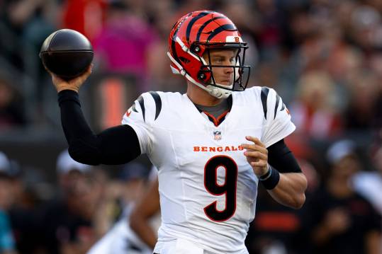 Cincinnati Bengals quarterback Joe Burrow (9) throws a completion in the first quarter of the NFL preseason game against the Tampa Bay Buccaneers at Paycor Stadium in Cincinnati Saturday, August 10, 2024.