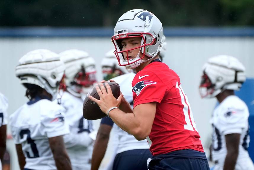 Patriots quarterback Drake Maye on first day of training camp in July.