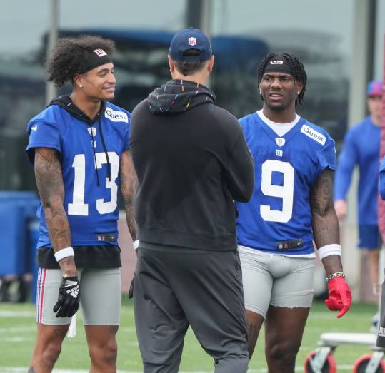 East Rutherford, NJ -- July 24, 2024 -- Wide receivers, Jalin Hyatt and first round draft pick, Malik Nabers during the first day of training camp for the 2024 New York Giants.