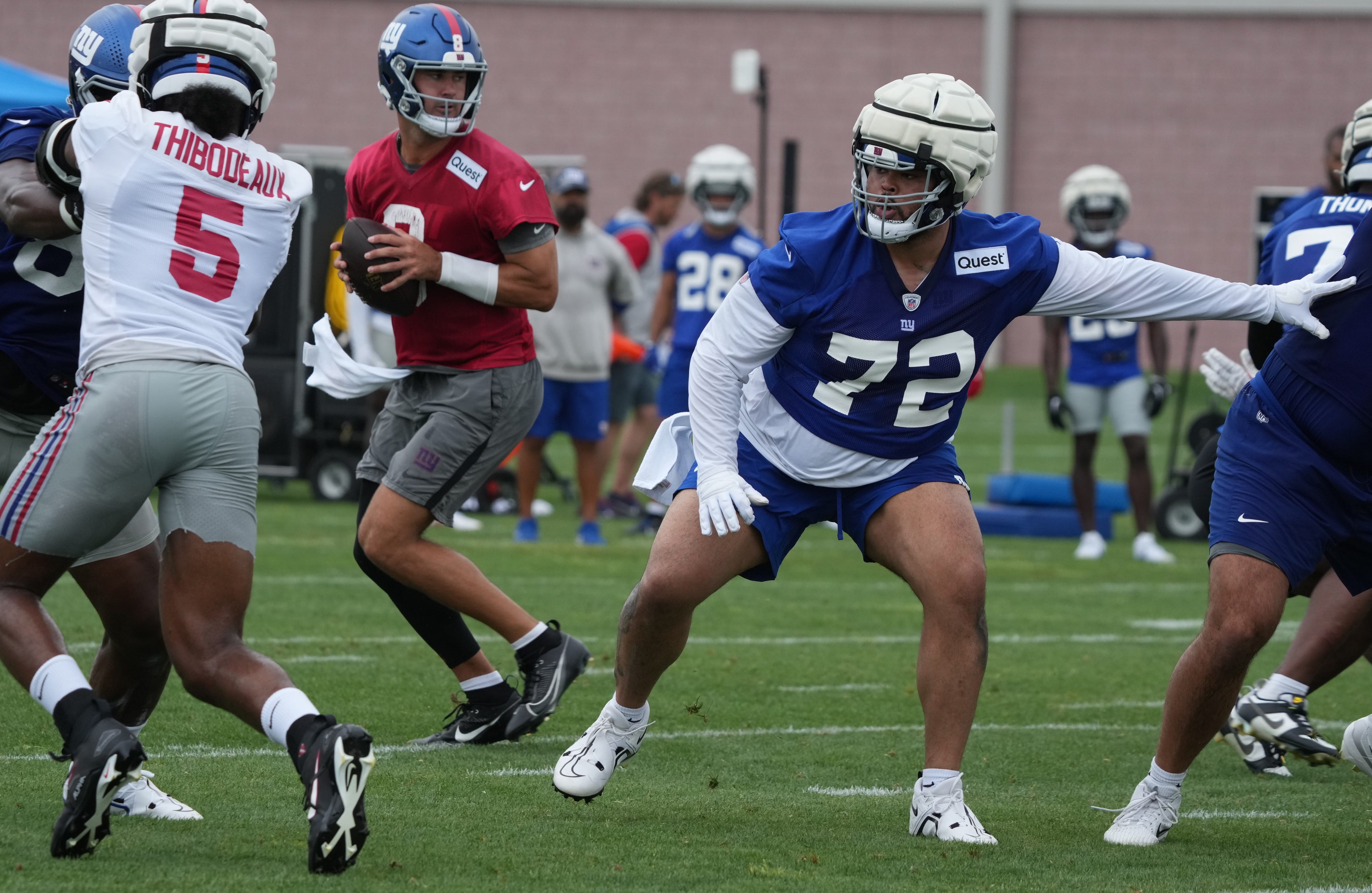 East Rutherford, NJ -- July 24, 2024 -- Left tackle, Jermaine Eluemunor during the first day of training camp for the 2024 New York Giants.