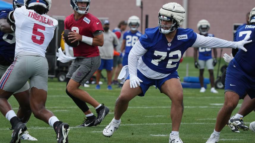 East Rutherford, NJ -- July 24, 2024 -- Left tackle, Jermaine Eluemunor during the first day of training camp for the 2024 New York Giants.