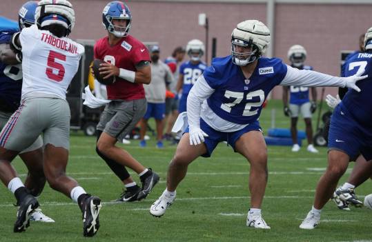 East Rutherford, NJ -- July 24, 2024 -- Left tackle, Jermaine Eluemunor during the first day of training camp for the 2024 New York Giants.