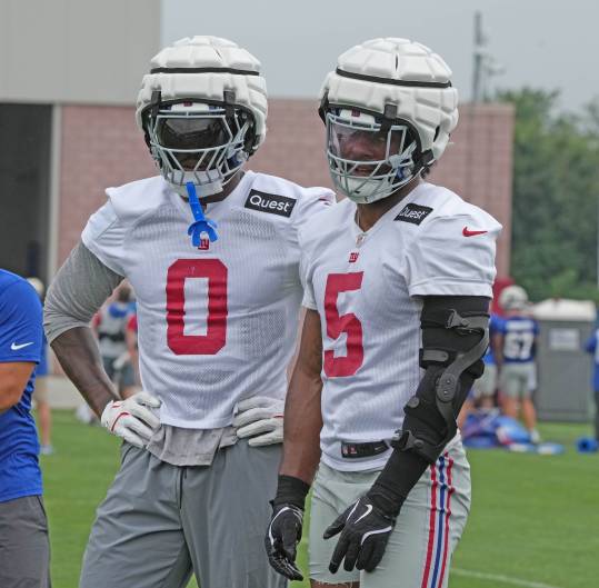 East Rutherford, NJ -- July 24, 2024 -- Outside linebackers, Brian Burns and Kayvon Thibodeaux during the first day of training camp for the 2024 New York Giants.