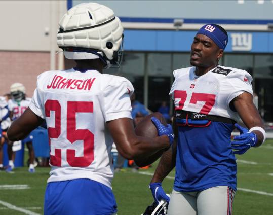 East Rutherford, NJ -- August 1, 2024 -- Cornerback, Alex Johnson and safety, Jason Pinnock practicing today at training camp for the New York Giants.