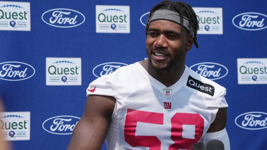 East Rutherford, NJ -- August 1, 2024 -- Linebacker, Bobby Okereke after practice today at training camp for the New York Giants.