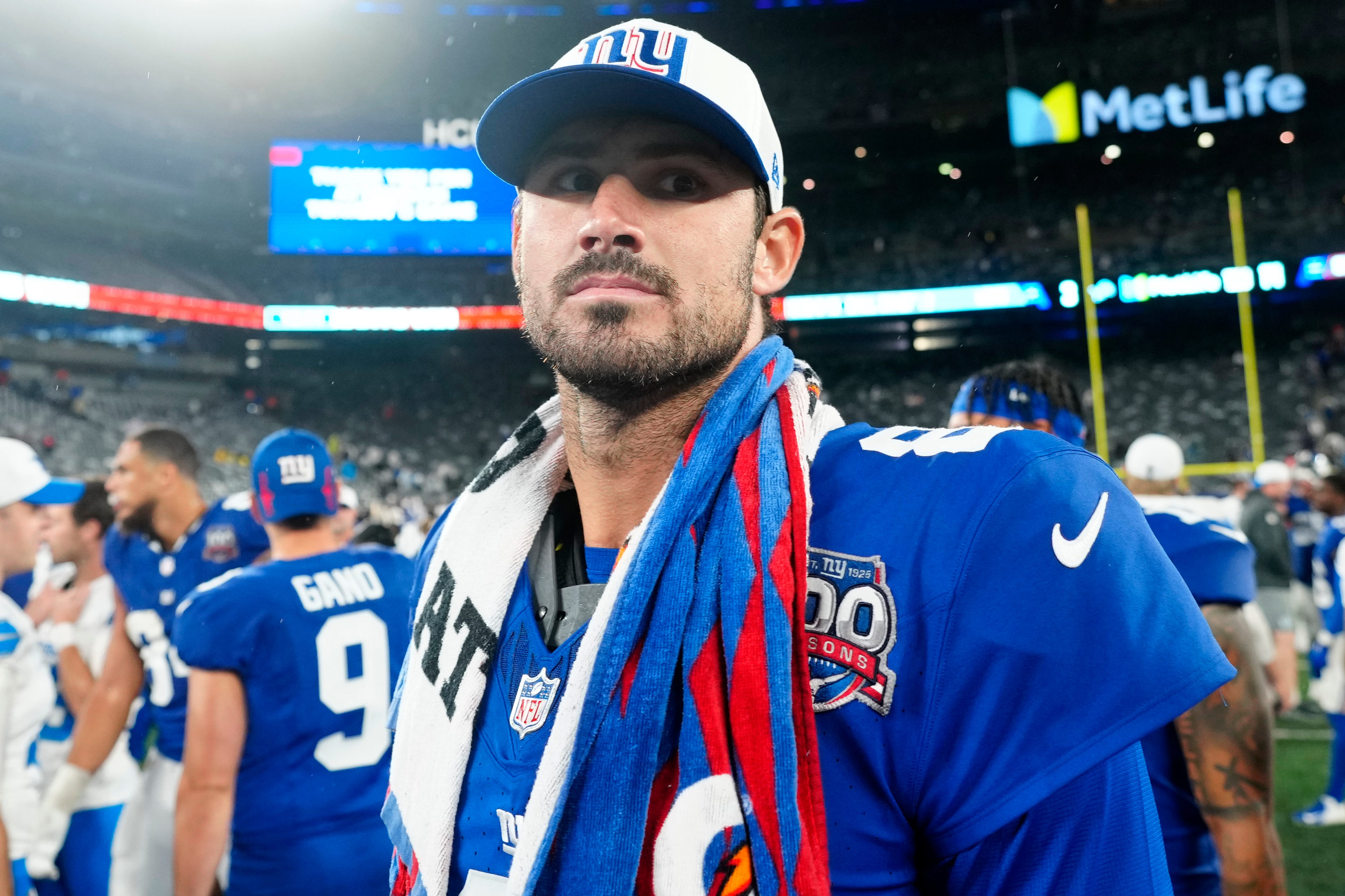 New York Giants quarterback Daniel Jones (8) is shown at MetLife Stadium after the game, Thursday, August 8 2024, in East Rutherford.