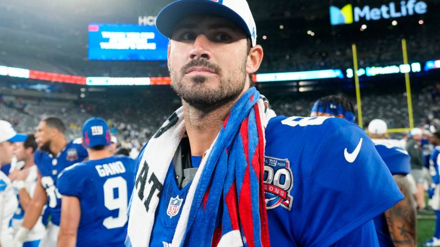 New York Giants quarterback Daniel Jones (8) is shown at MetLife Stadium after the game, Thursday, August 8 2024, in East Rutherford.